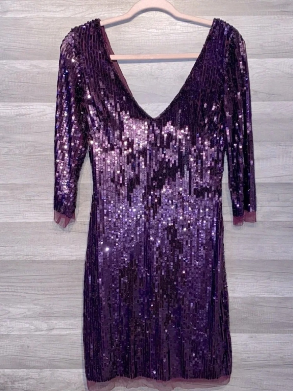Sequin V-Neck Bodycon Dress 10 Niteline Royal Purple Plunge Coquette Mesh Cuff